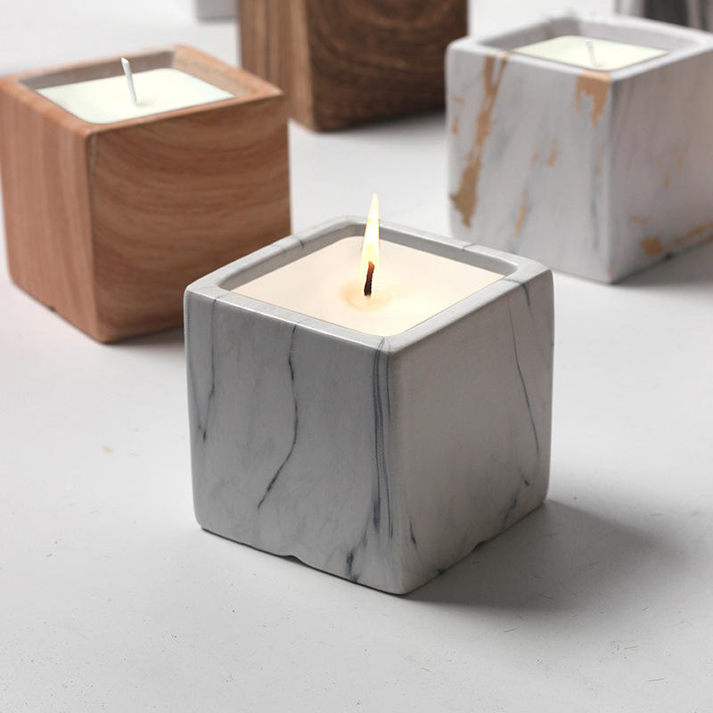 AIKUN Custom Luxury Cement Wood Marble Vessel Candle Jars Ceramic Square Scented Fragrance Soy Wax Candle for Home Decoration