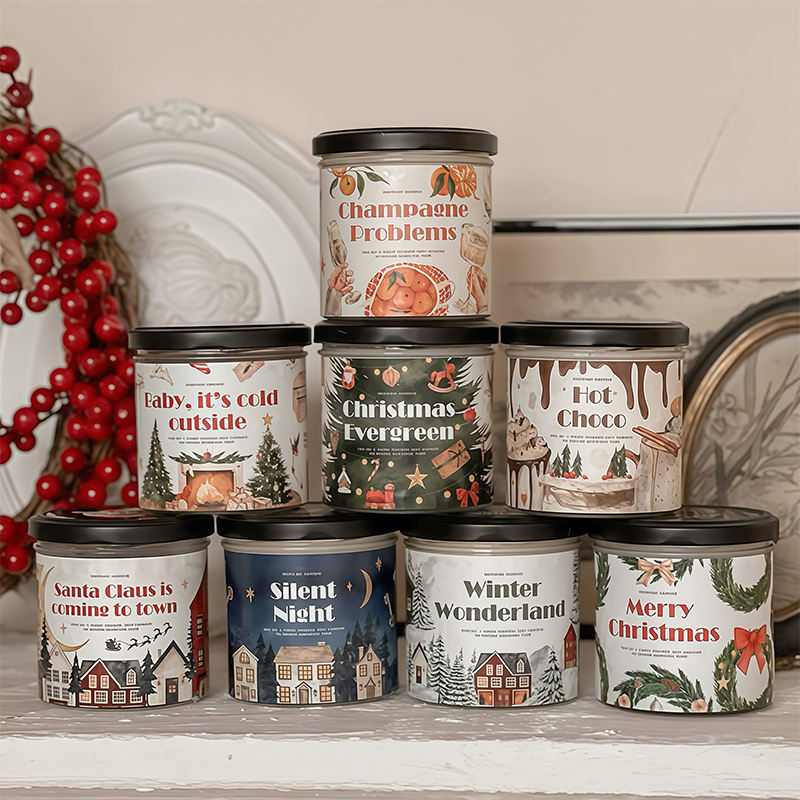 Customizable Christmas Candle Soy Wax Aromatherapy Candle with Lid and Label for Winter Gift Home Decor Festive Candle