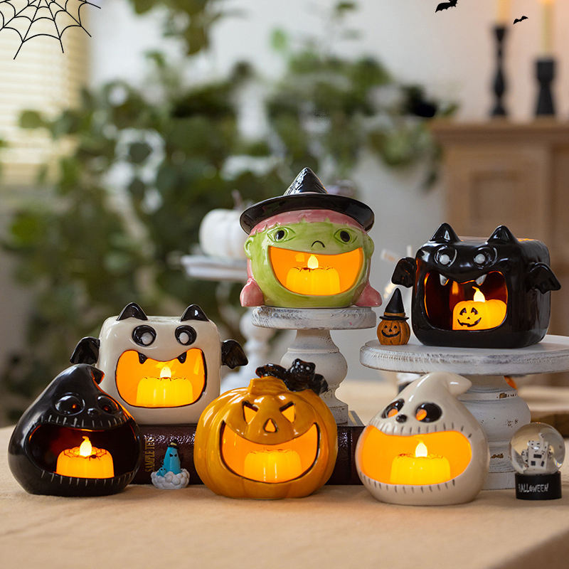 Mini Tealight Holders Bulk for Halloween Party Decor Table Centerpiece Spooky Ghost Pumpkin Ceramic Candle Holder