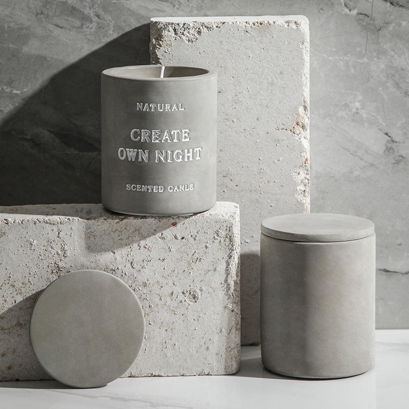 AIKUN Simple Fashion Custom Carved Logo Cement Candle 240g Concrete Aromatherapy Fragrance Soy Wax Candle Jar With Cement Lid