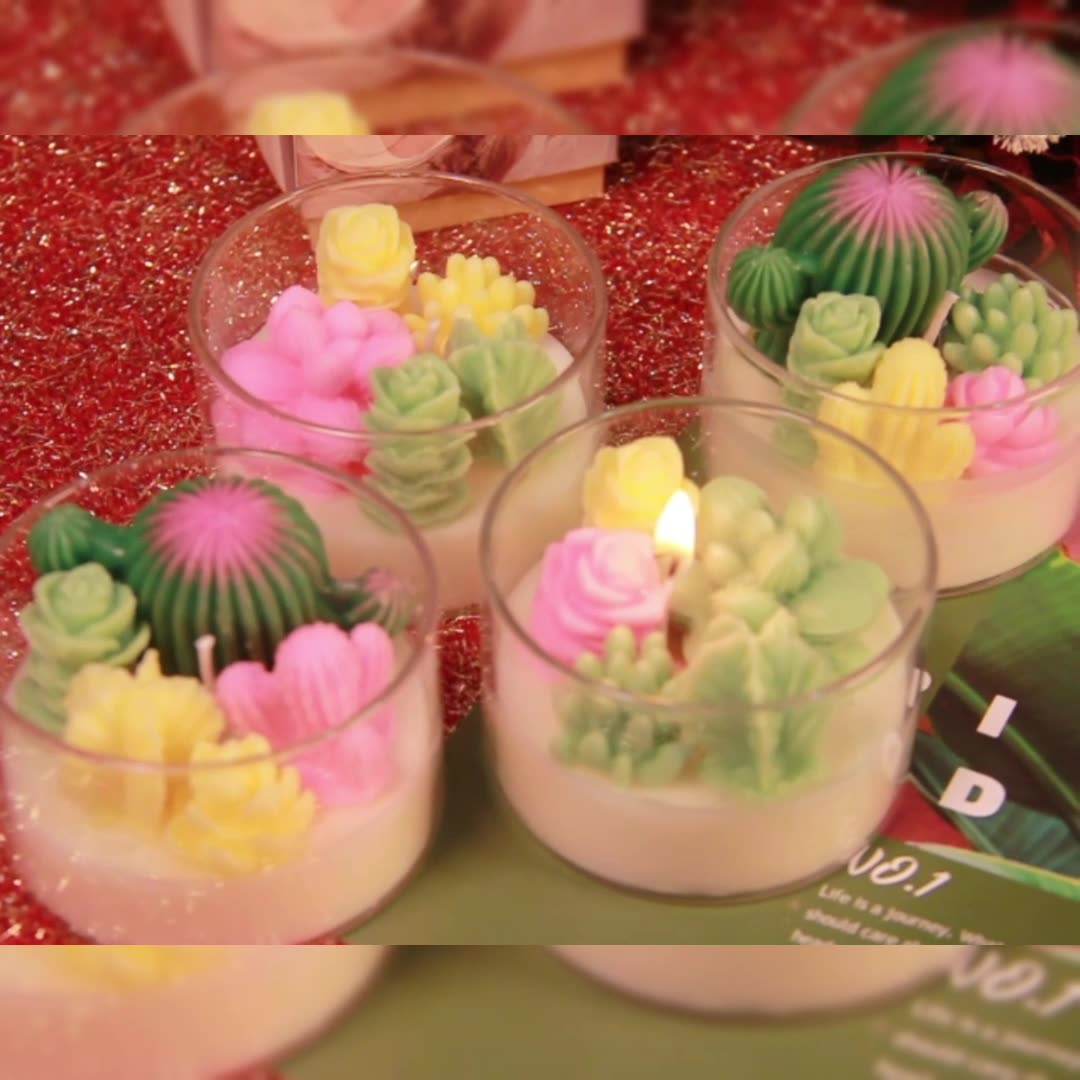 AIKUN Hot Selling Succulent Plant Cactus Scented Candle Glass Jar Bedroom Fragrance Decoration Creative Scented Candles