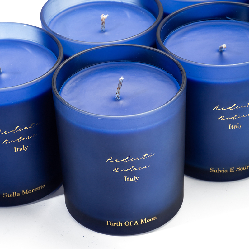 AIKUN BLUE Imitation Leather Customized Stamping Logo Blue Glass Jar Aromatic Candle Natural Essential Oil Fragrance Candle