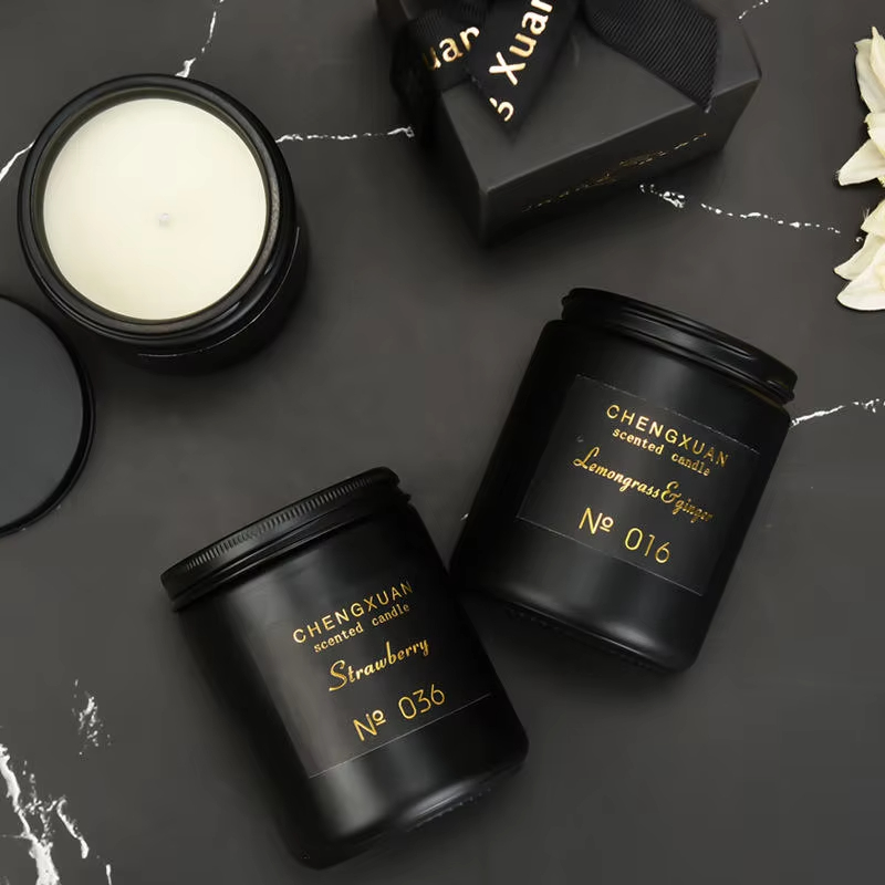 Wholesale Luxury Logo Black Glass Candle Jar Set Essential Oil Soy Wax Environmentally Friendly Aromatherapy Scented Candles