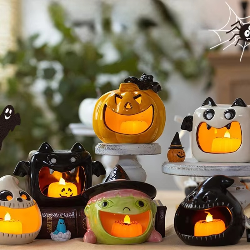 Halloween Ceramic Candle Holders Pumpkin Spooky Ghost Ceramic Holders Aromatherapy Home Party Decor Ornaments Ceramic Jar