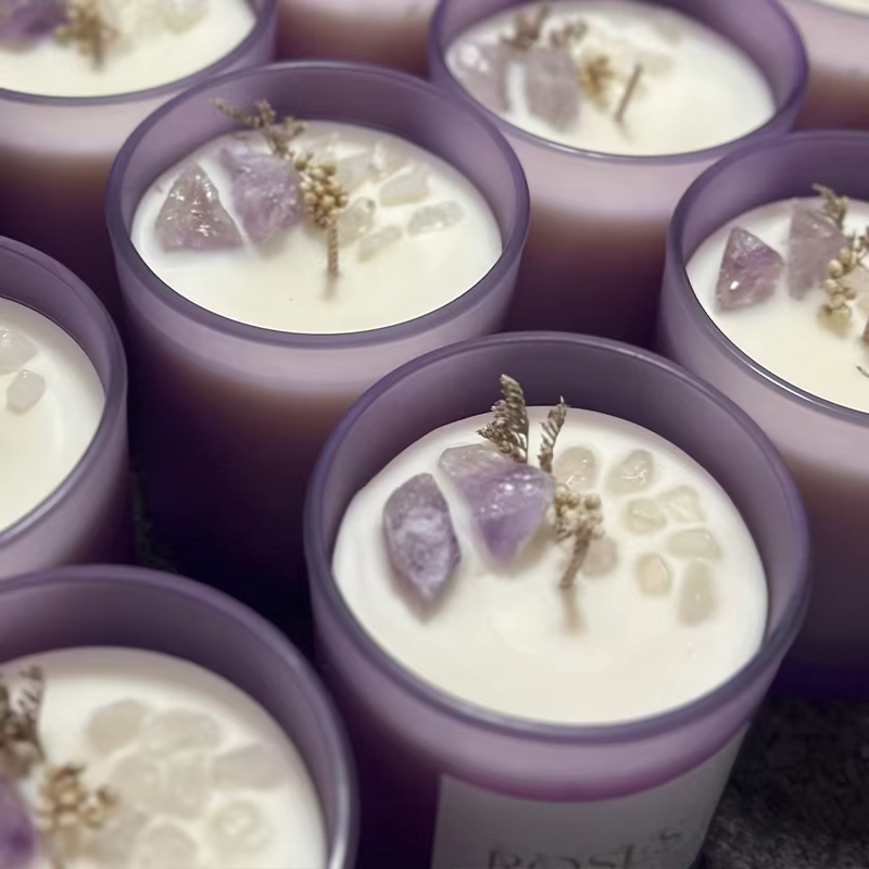 Customized Home Decoration Purple Soy Wax Aromatherapy Crystal Stone Candle Gift Set Glass Jar