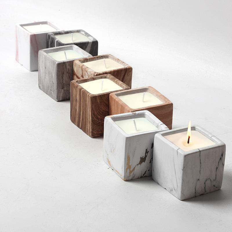 AIKUN Custom Luxury Cement Wood Marble Vessel Candle Jars Ceramic Square Scented Fragrance Soy Wax Candle for Home Decoration