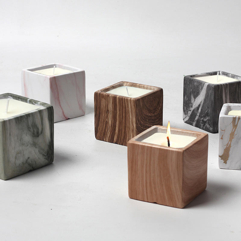 AIKUN Custom Luxury Cement Wood Marble Vessel Candle Jars Ceramic Square Scented Fragrance Soy Wax Candle for Home Decoration