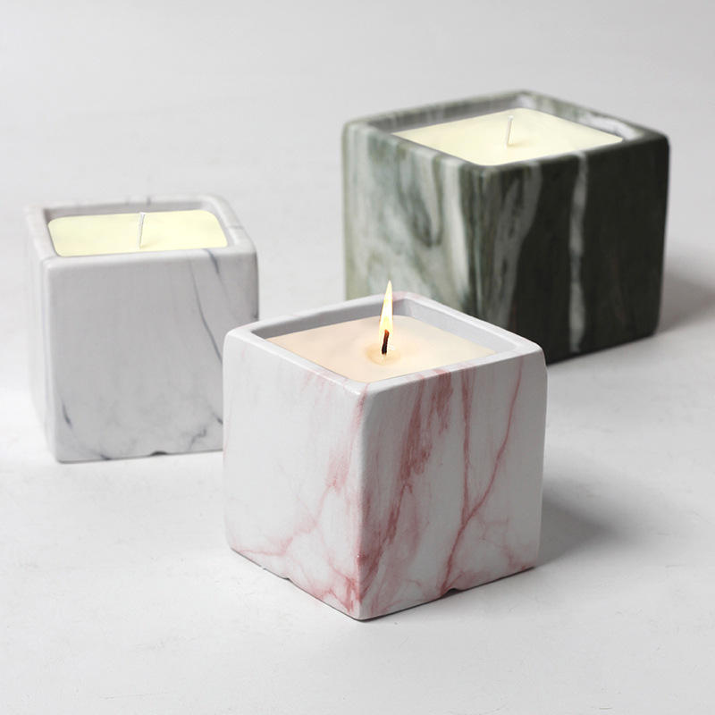 AIKUN Custom Luxury Cement Wood Marble Vessel Candle Jars Ceramic Square Scented Fragrance Soy Wax Candle for Home Decoration