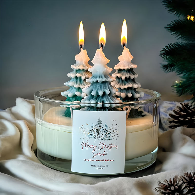 Wholesale Popular Christmas Tree Shaped Aromatherapy Soy Wax Round Christmas Candles with Packaging and Label