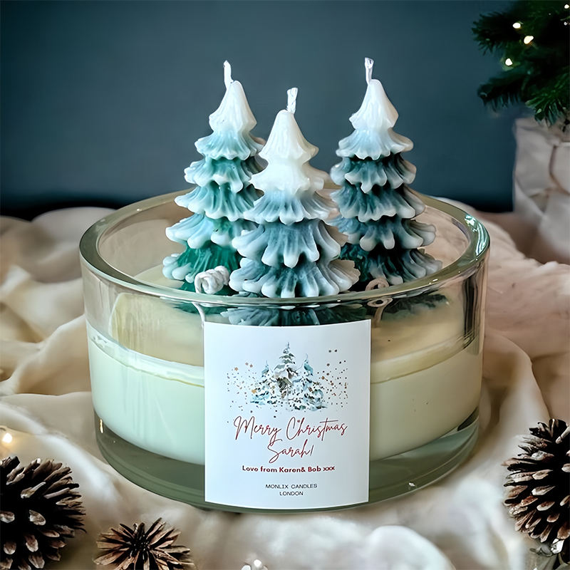 Wholesale Popular Christmas Tree Shaped Aromatherapy Soy Wax Round Christmas Candles with Packaging and Label