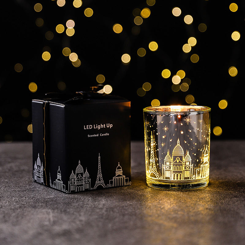 Luxury Christmas Aromatherapy Gold Jar Glass LED Light Candle Transparent Scented Candle Glass Jar Support Customization Logo