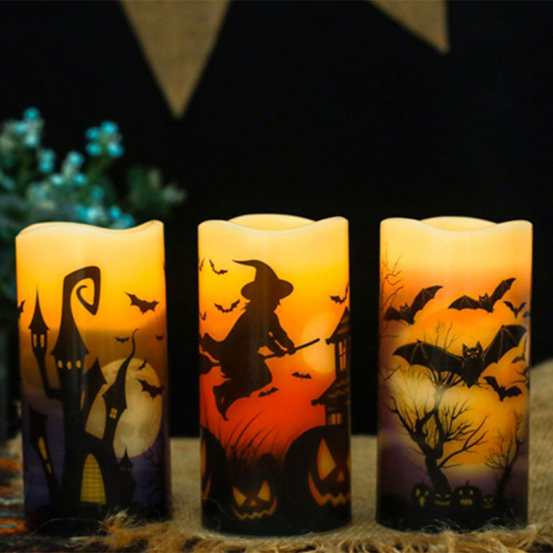 OEM ODM Halloween Party Decoration Decal Battery Operated Flickering Wick Pillar Wax Flameless Candles Led Light With Remote