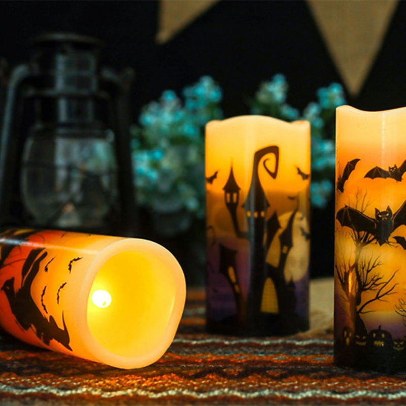 OEM ODM Halloween Party Decoration Decal Battery Operated Flickering Wick Pillar Wax Flameless Candles Led Light With Remote