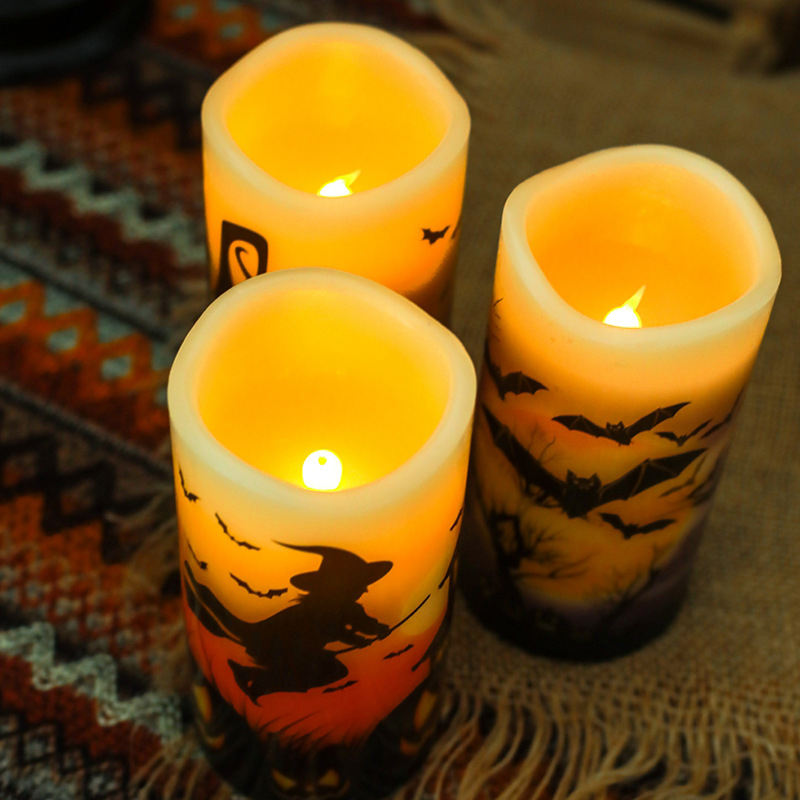 OEM ODM Halloween Party Decoration Decal Battery Operated Flickering Wick Pillar Wax Flameless Candles Led Light With Remote