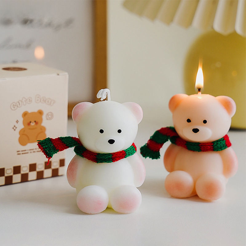 AIKUN Aromatherapy Scented Cute Sitting White Small Bear Shaped Candle With Scarf Christmas Birthday Gift