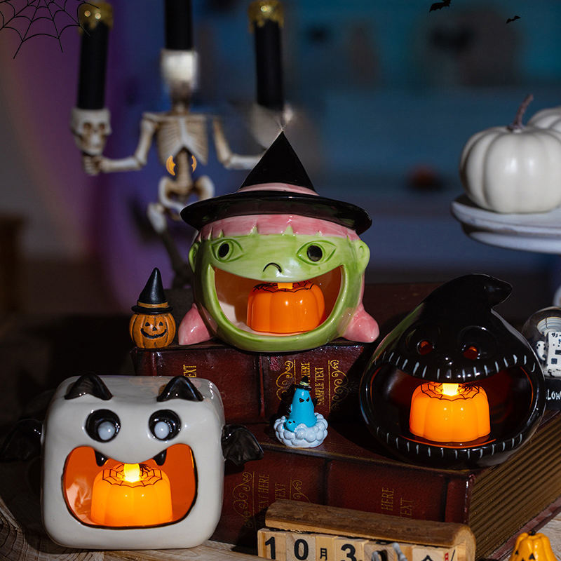 Mini Tealight Holders Bulk for Halloween Party Decor Table Centerpiece Spooky Ghost Pumpkin Ceramic Candle Holder
