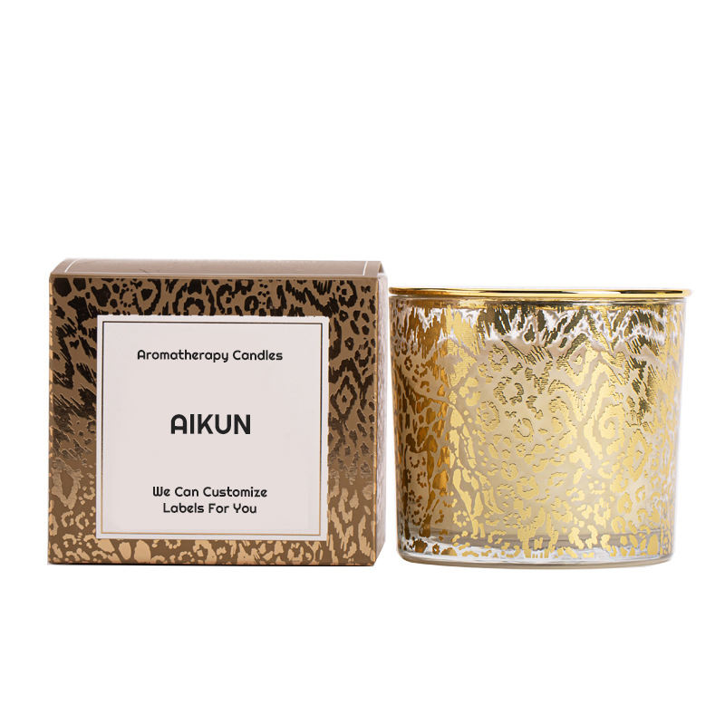 AIKUN OEM Glass Soy Wax Scent Golden Leopard Print Candle Gift Set Aromatherapy Luxury Scented Candle for Wedding