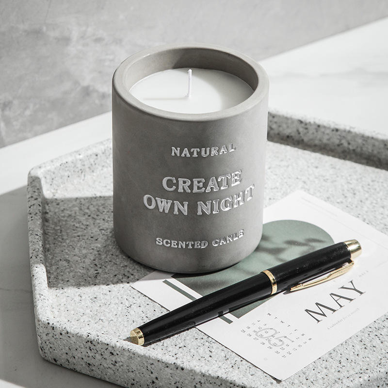 AIKUN Simple Fashion Custom Carved Logo Cement Candle 240g Concrete Aromatherapy Fragrance Soy Wax Candle Jar With Cement Lid